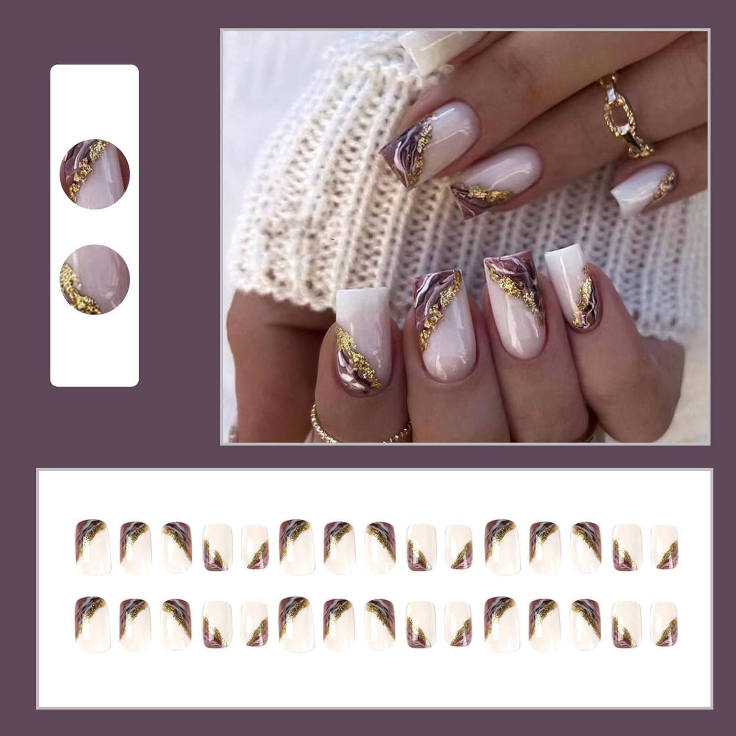 24 Stück Gold Glitzer Eckige Press On Nägel
