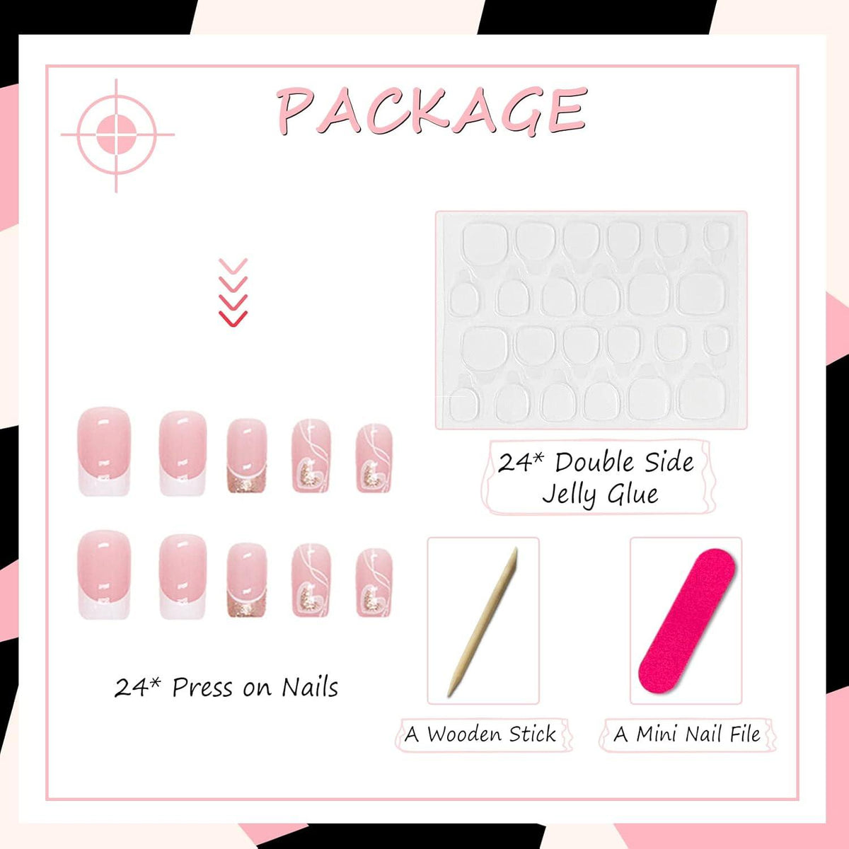 24er Set Rosa Herz Falsche Nägel Press-on Nails Glitzer French Kunstnägel