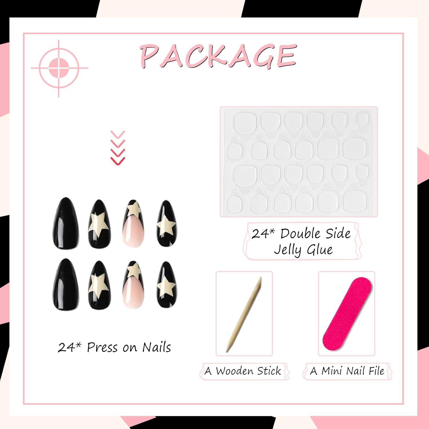 24er Set Schwarz Glossy Acrylnägel für Frauen und Mädchen