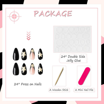 24er Set Schwarz Glossy Acrylnägel für Frauen und Mädchen