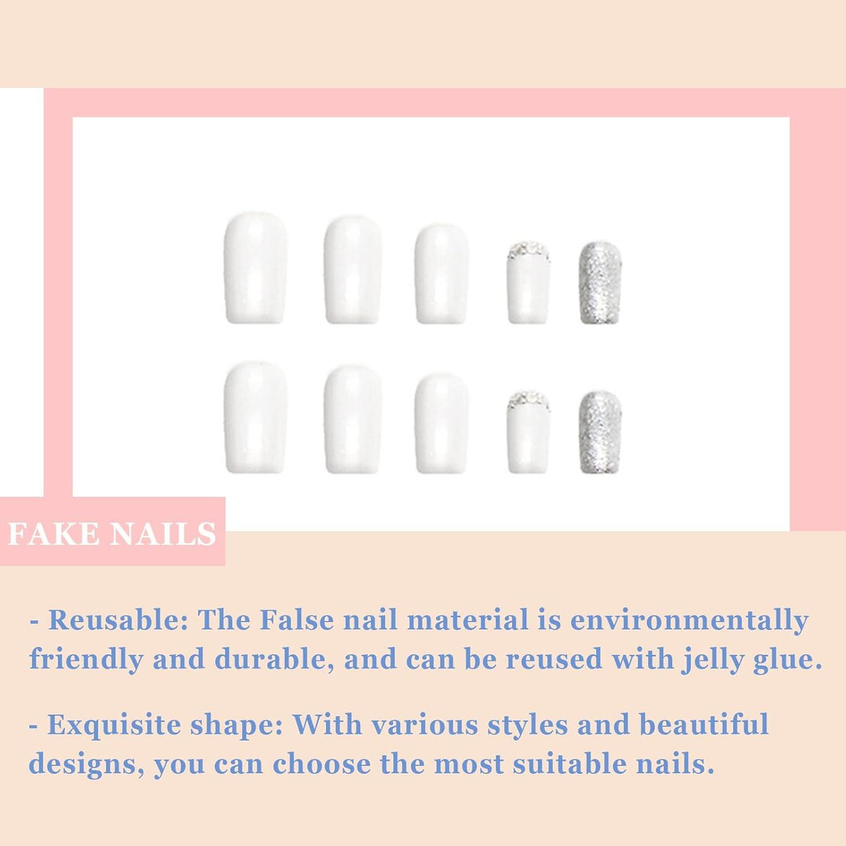 24 Stück Weiße Falsche Nägel, Künstliche Eckige French Tip Nägel, Glitzer Square Nails