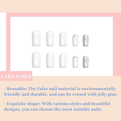24 Stück Weiße Falsche Nägel, Künstliche Eckige French Tip Nägel, Glitzer Square Nails