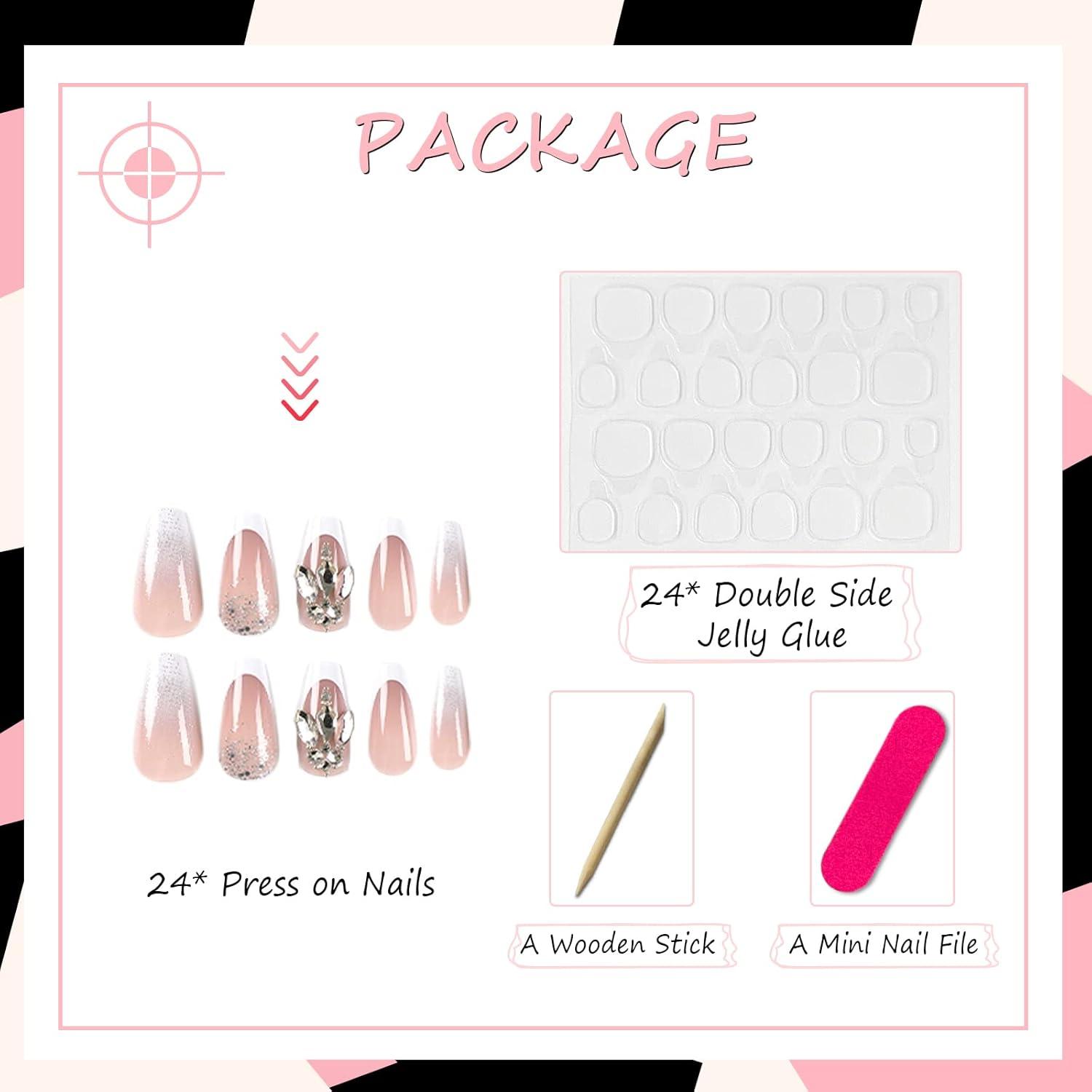 24 Stück Press on Nägel Mittellang Acryl Kunstnägel Glänzend Weiß Rosa French