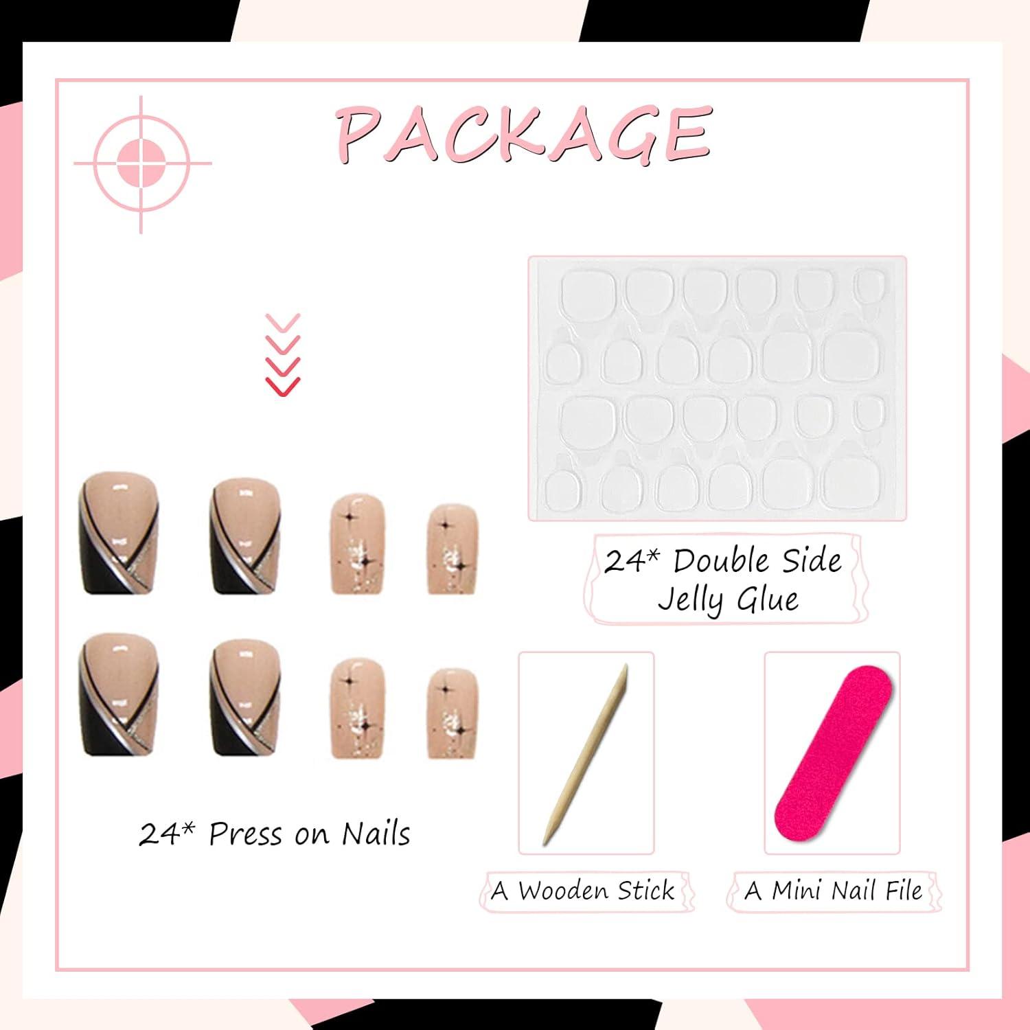 24 Stück Schwarze Eckige Press On Nägel French Tip Full Cover Falsche Nägel