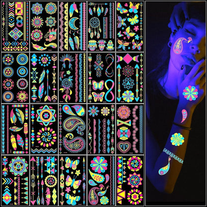 Neon Tattoos 20 Blätter Temporäre UV Body Face Painting