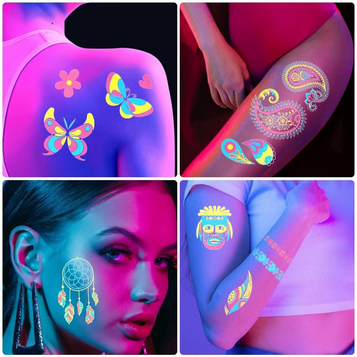 UV Neon Tattoos, 20 Blätter Temporäre Schminke für Schwarzlicht Party