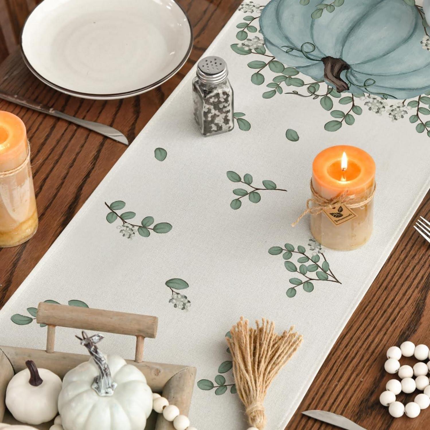 Herbst Tischläufer Blau Kürbisse Eukalyptus 40x140 cm Party Dekor