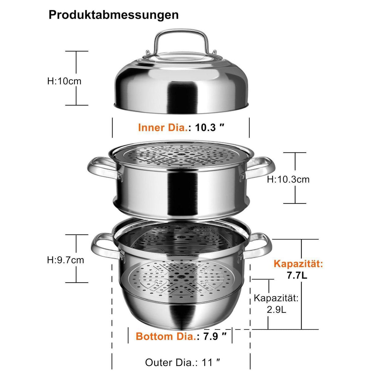 Dampfgarer Edelstahl 3 Etagen – Induktionstauglich 28cm