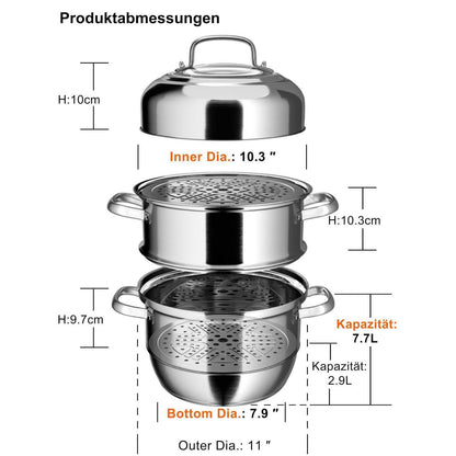 Dampfgarer Edelstahl 3 Etagen – Induktionstauglich 28cm