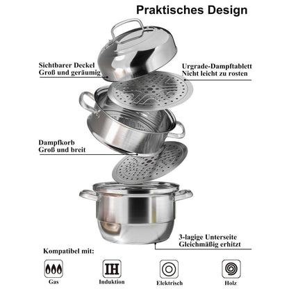 Dampfgarer Edelstahl 3 Etagen – Induktionstauglich 32cm