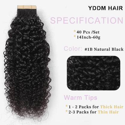 Echthaar Tape Extensions Schwarz Kinky Curly 14 Zoll