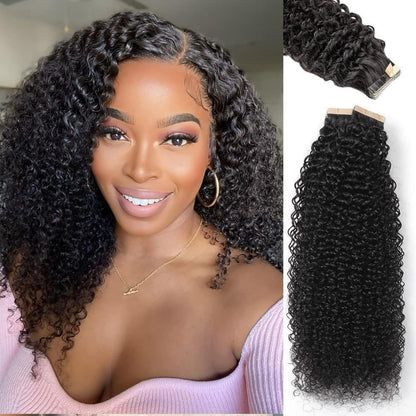 Echthaar Tape Extensions Schwarz Kinky Curly 18 Zoll