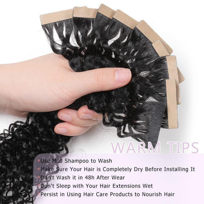 Echthaar Tape Extensions Schwarz Kinky Curly 18 Zoll