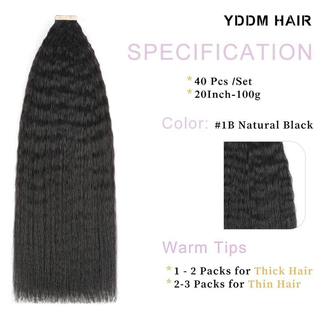 Echthaar Tape Extensions Schwarz Kinky Straight 20 Zoll