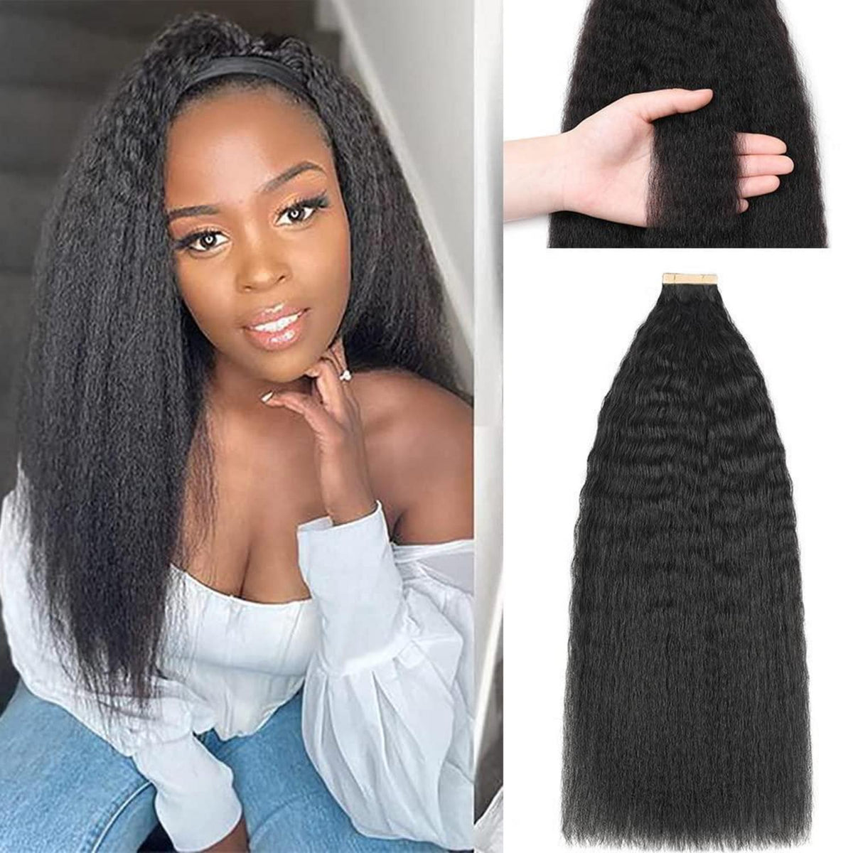 Echthaar Tape Extensions 16 Zoll Kinky Straight Schwarz