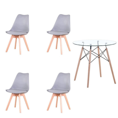 Runder Esstisch Set Grau & Glas | 4 Esszimmerstühle Skandinavisch