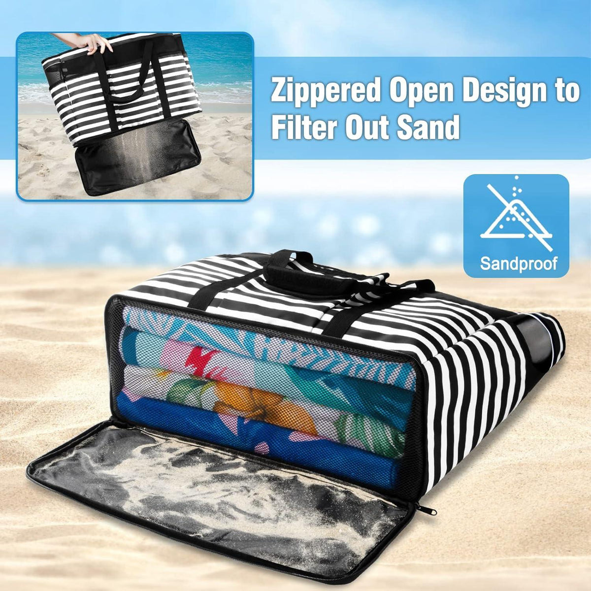 TEUEN Große Strandtasche Streifen Wasserdicht XXL Damen Beach Tote Bag Shopper