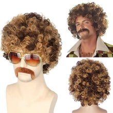 70er Jahre Disco Perücke mit Schnurrbart & Kette – Afro Perücke Blond/Schwarz