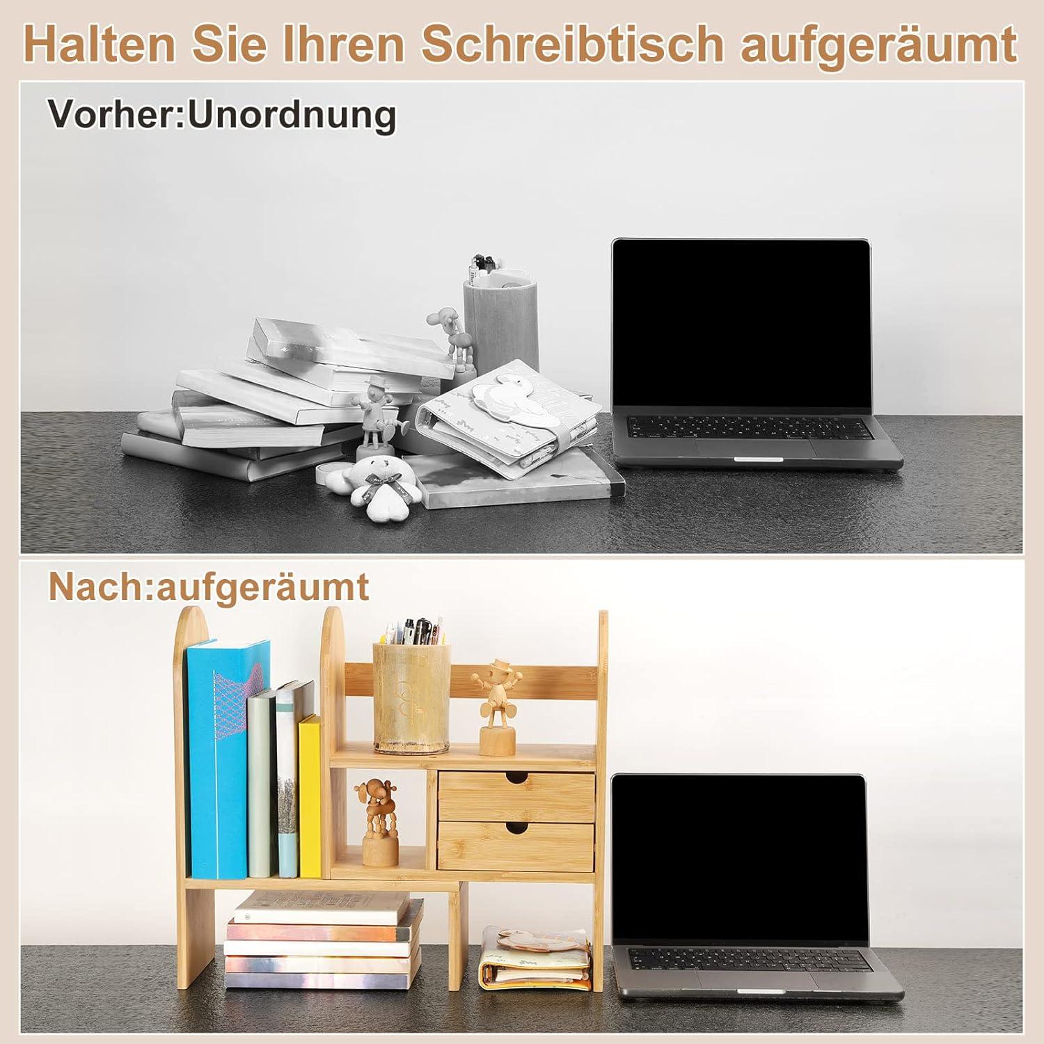 Verstellbares Bambus Bücherregal mit Schubladen