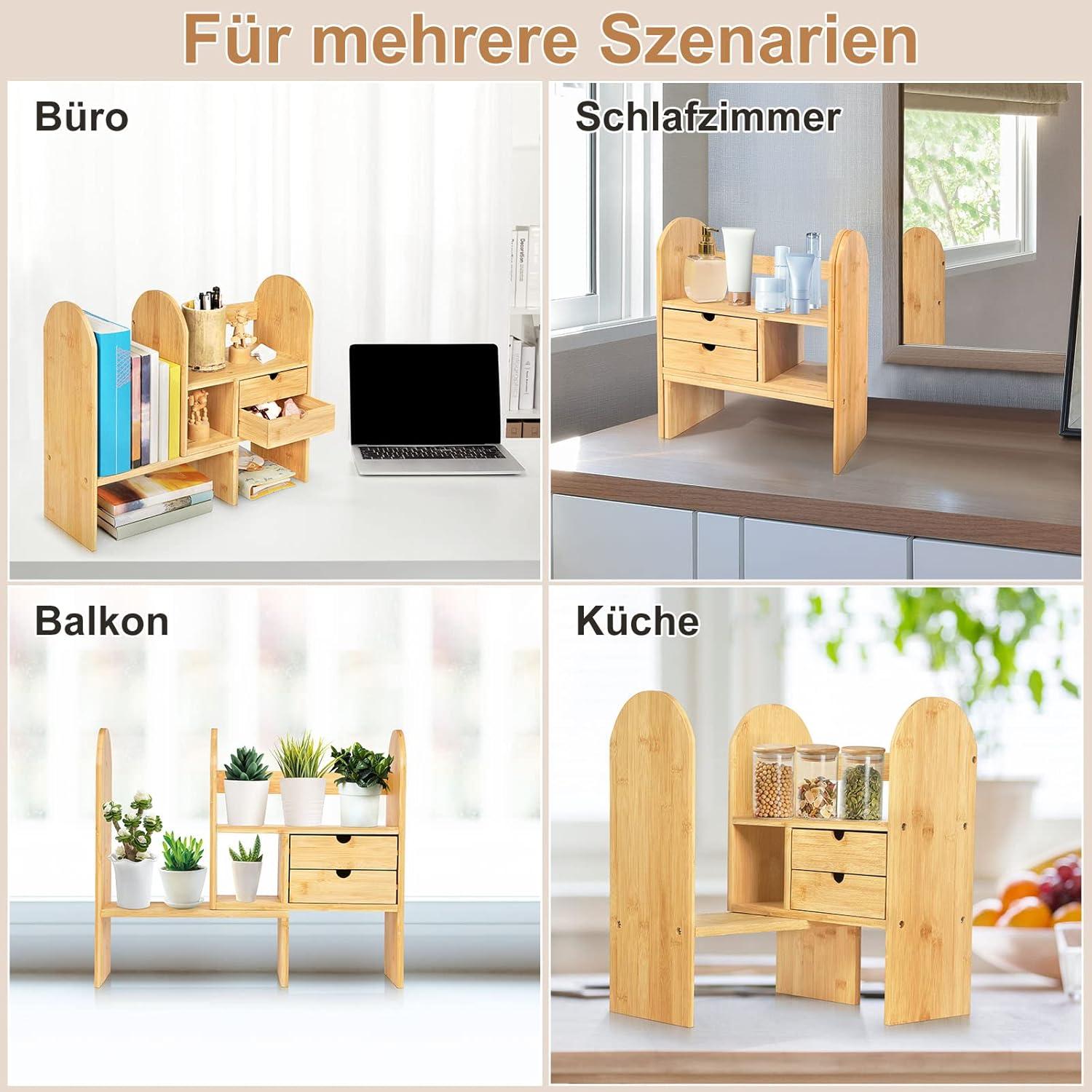 GUUSII HOME Verstellbares Bambus Bücherregal mit Schubladen