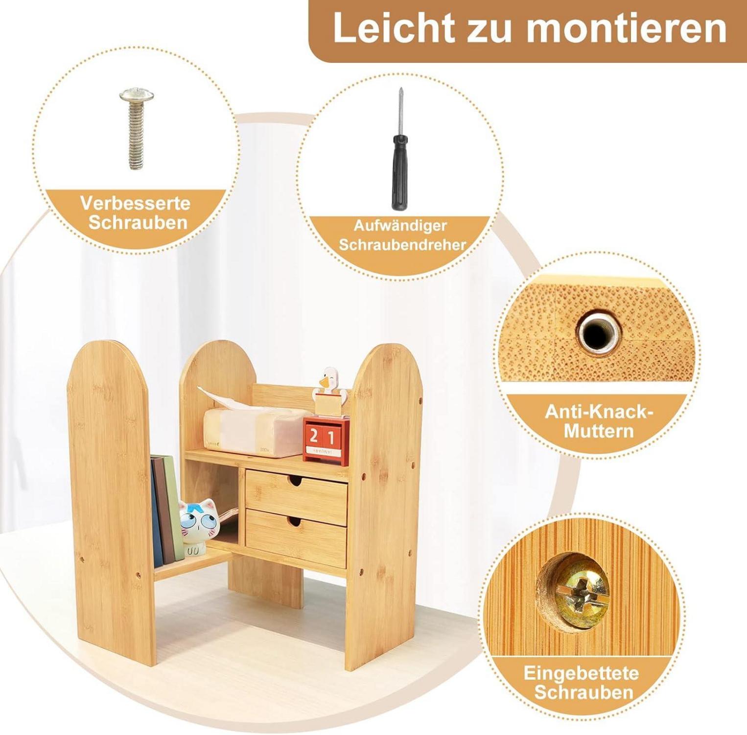 Bambus Bücherregal klein Holz verstellbar Tisch Organizer 2 Schubladen