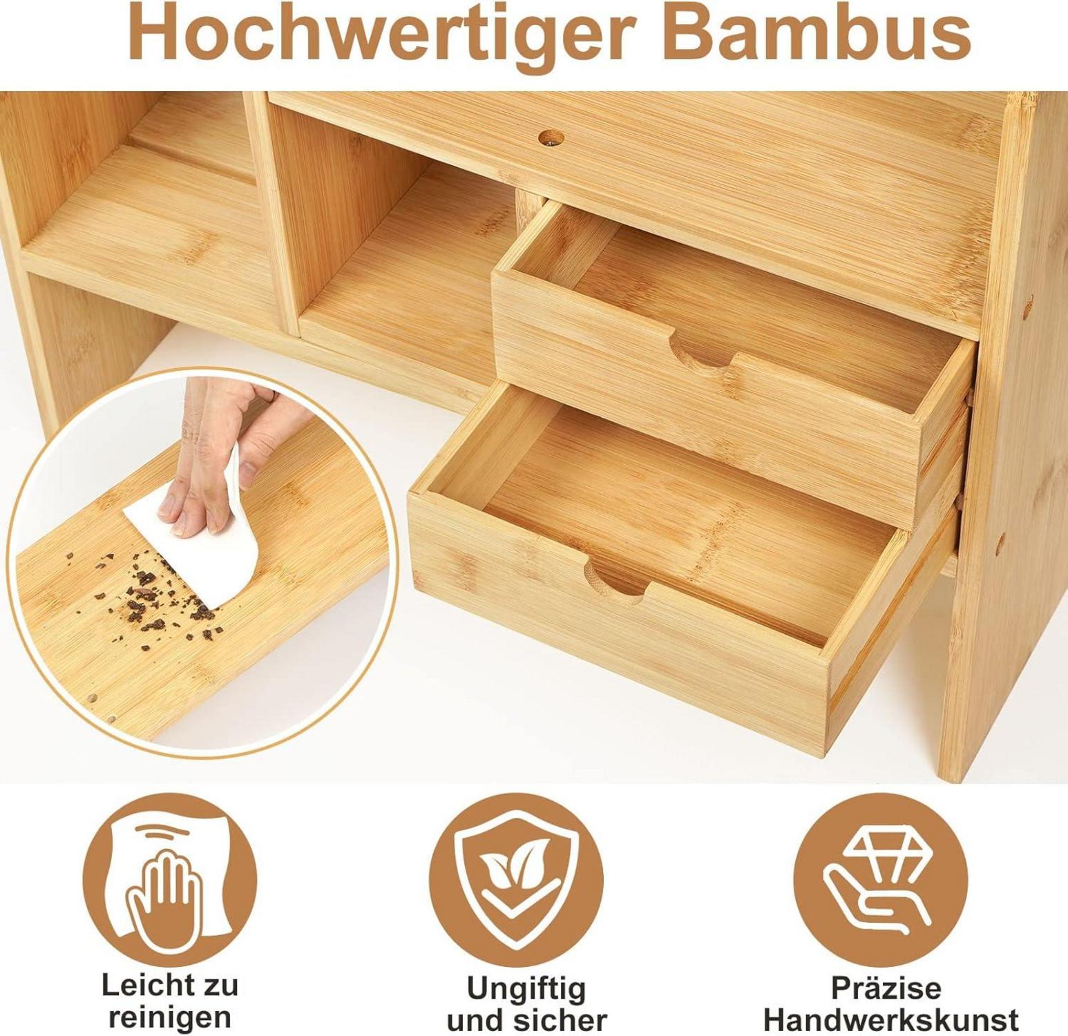 Bambus Bücherregal klein Holz verstellbar Tisch Organizer 2 Schubladen