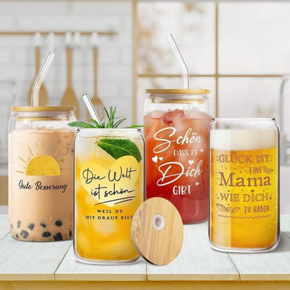 Glasbecher mit Deckel und Strohhalm 16 oz - Trinkglas für