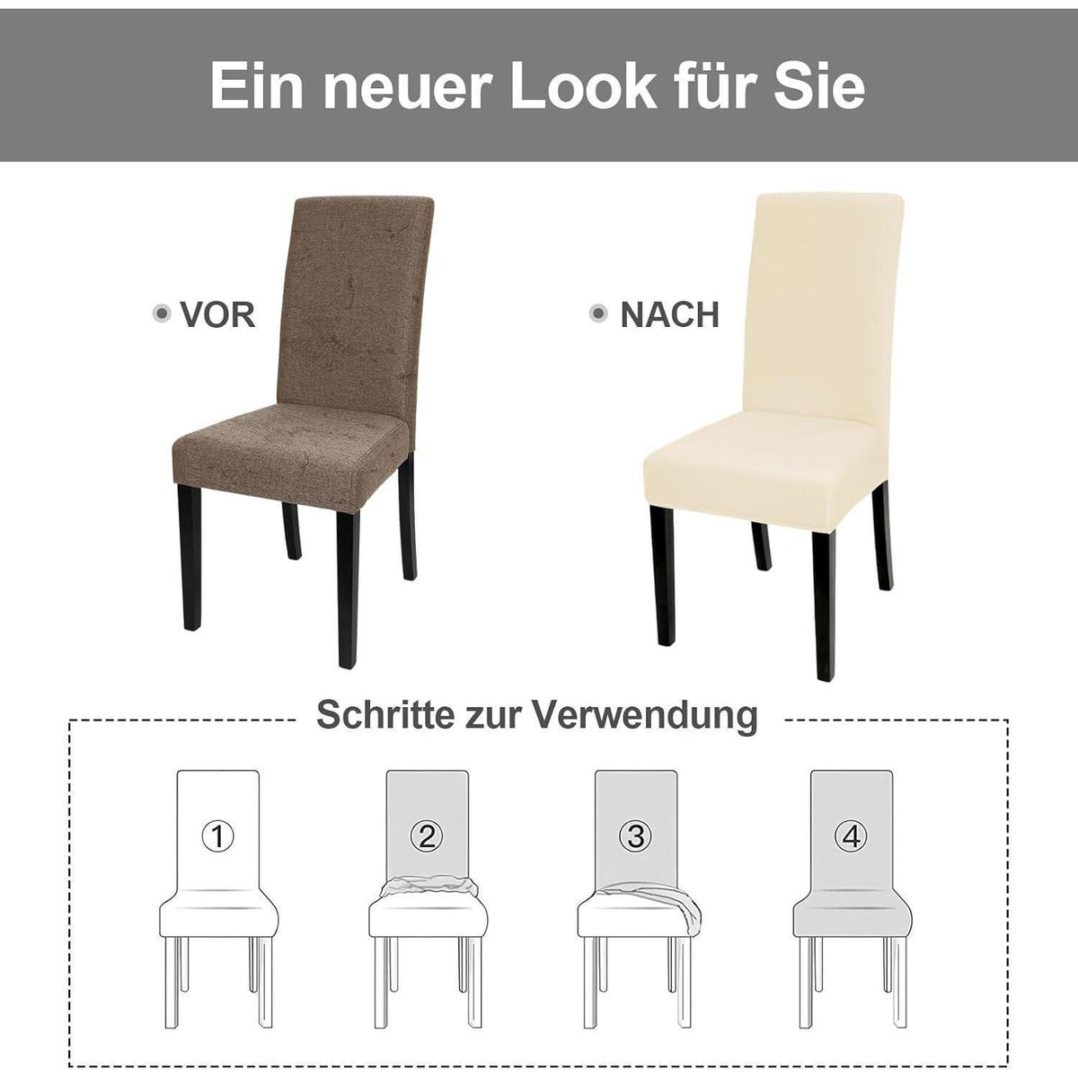 Stretch Stuhlhussen 4er Set – Beige | Abnehmbar & Waschbar