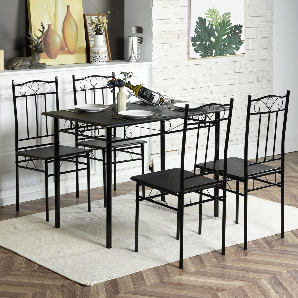 Moderner Esstisch Set mit 4 Stühlen – Schwarz Marmoriert