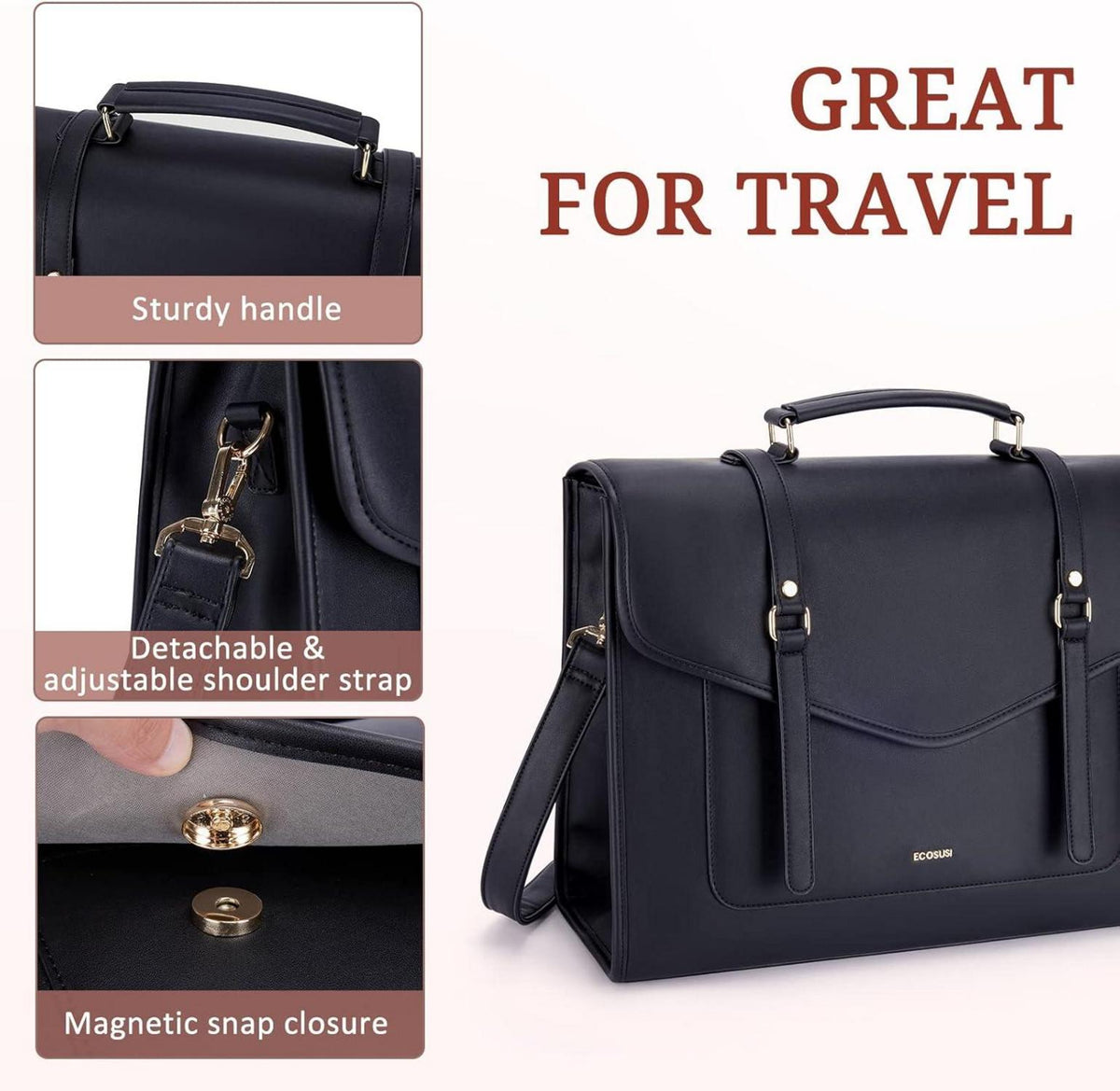 ECOSUSI Laptop Handtasche Damen 15,6 Zoll PU-Leder Messenger Bag Schwarz