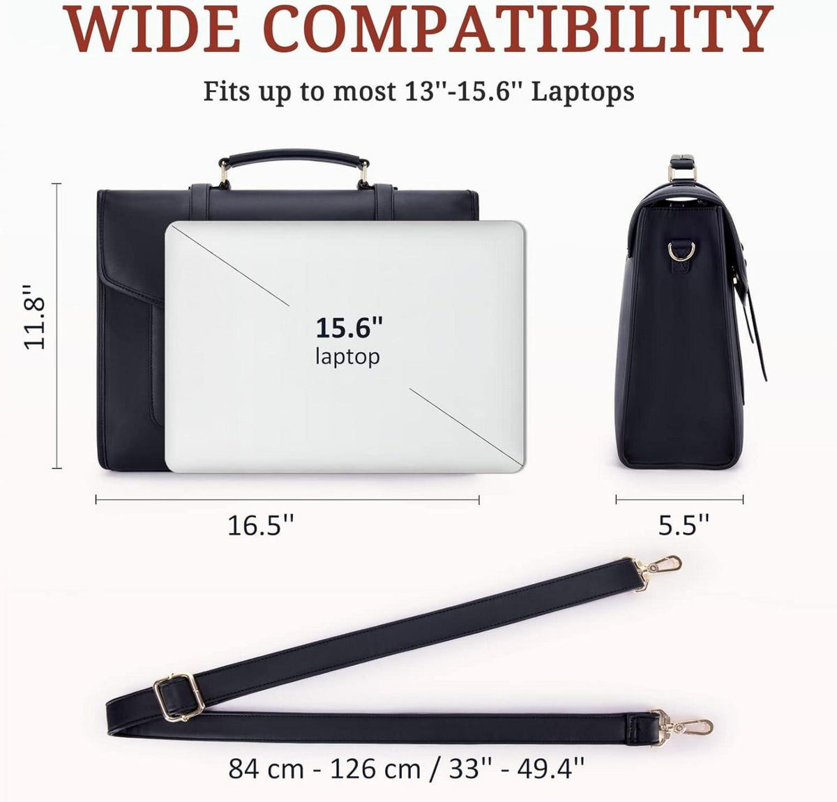 Laptop Handtasche Damen 15,6 Zoll PU-Leder Aktentasche Schwarz
