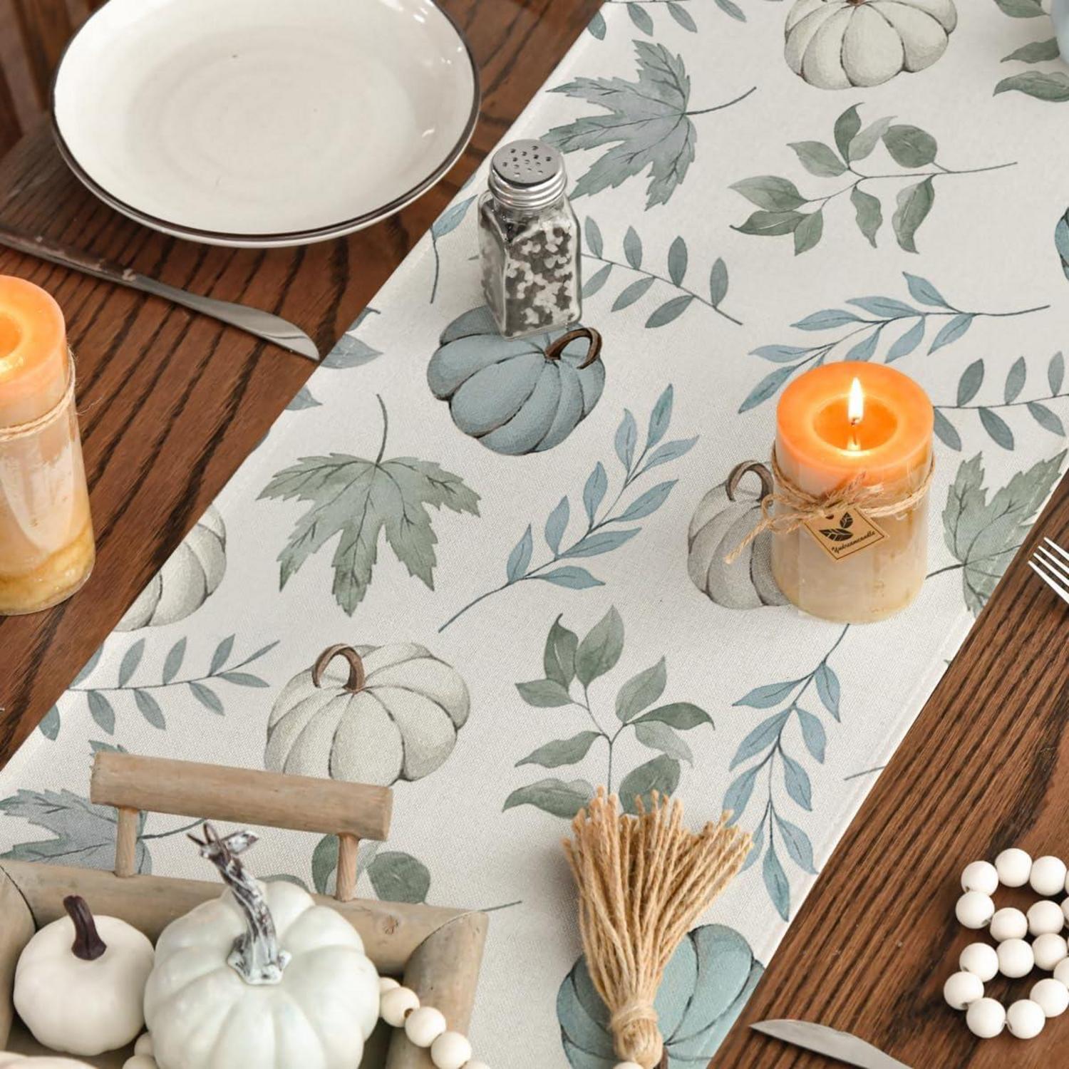 Herbst Tischläufer Blau Kürbisse Blätter 40x100 cm Party Dekor