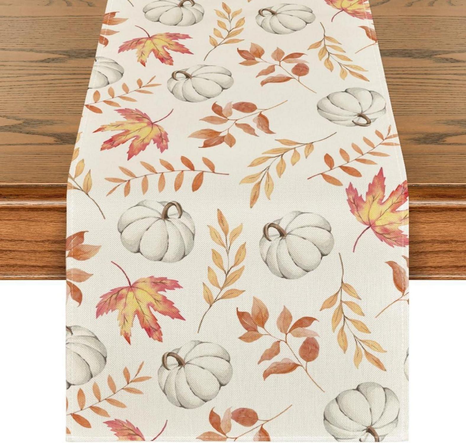 Herbst Tischläufer Kürbisse Blätter 40x140 cm Orange