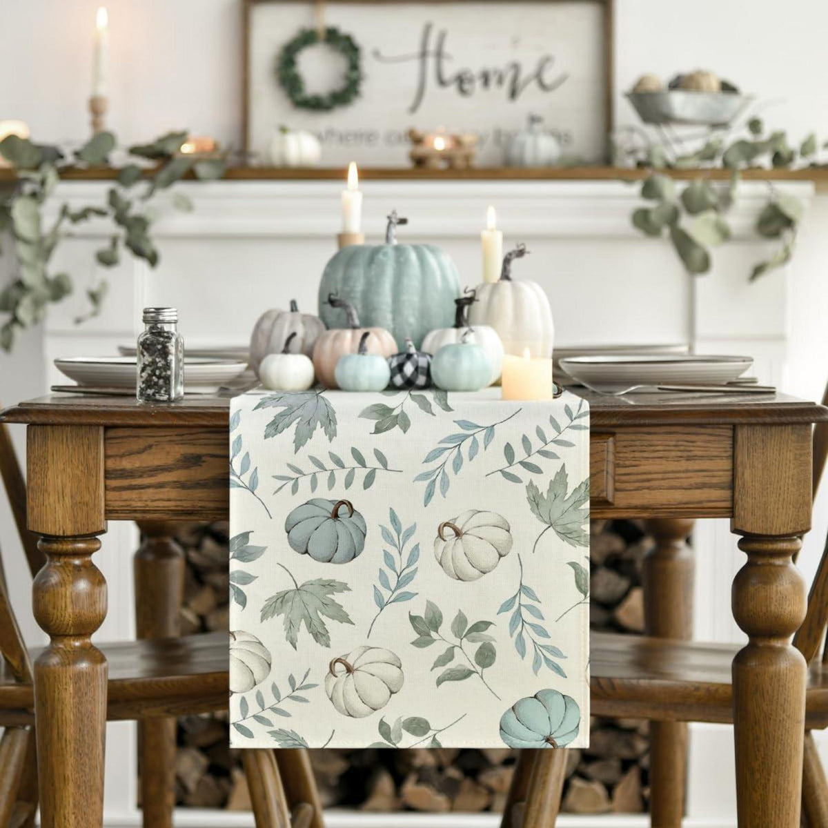 Artoid Mode Herbst Tischläufer Blau Kürbisse Blätter 40x140