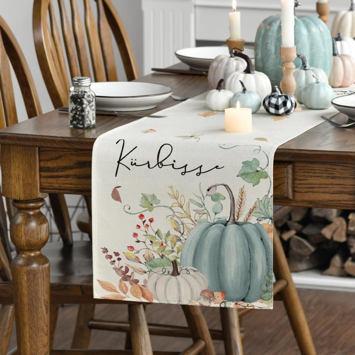 Herbst Tischläufer Blau Kürbisse Blumen Blätter 40x140 cm