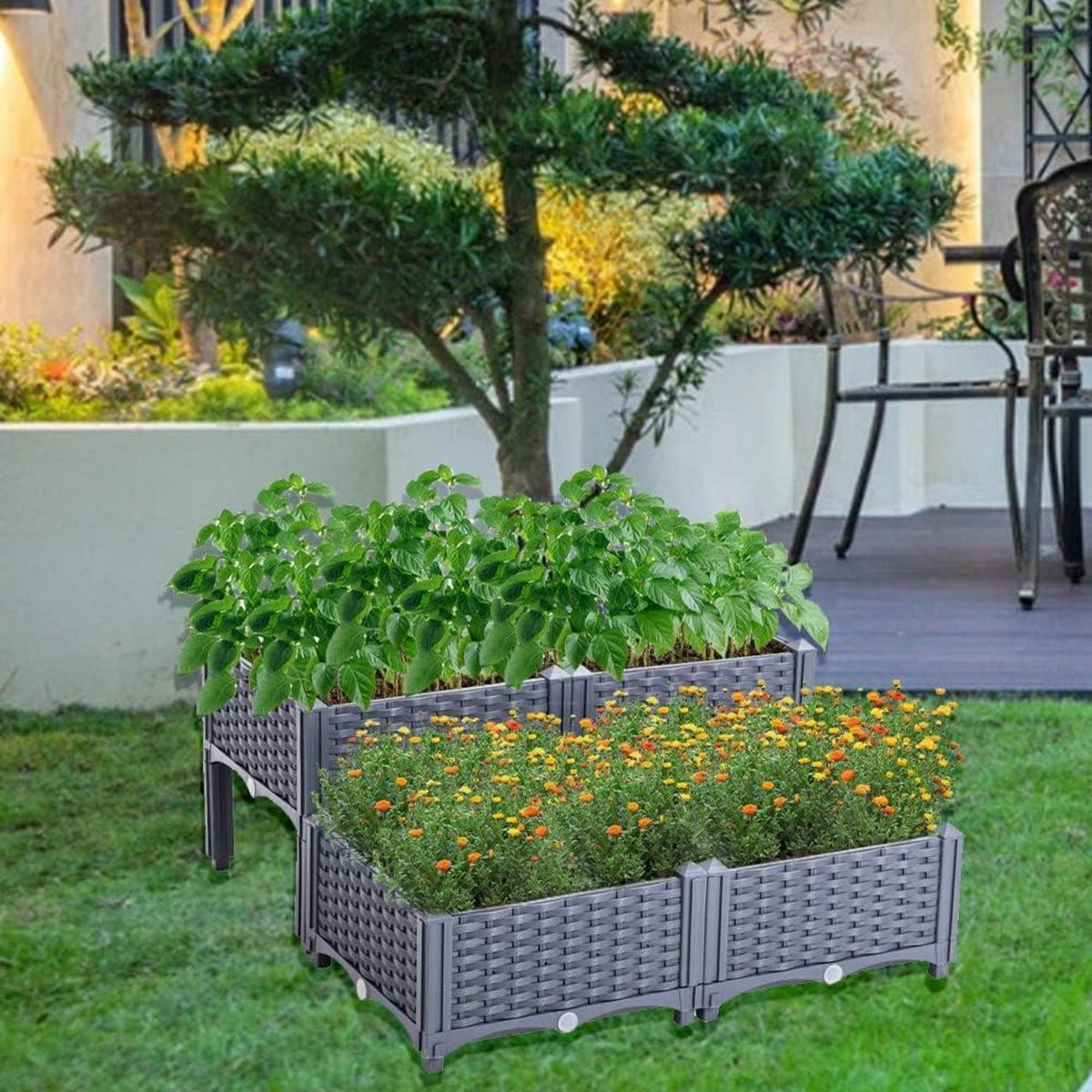 Hochbeet Kunststoff-Rattan höhenverstellbar 80x80cm Graublau