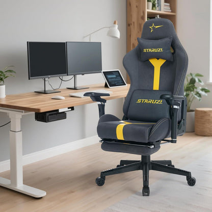 Ergonomischer Gaming Stuhl mit Fußstütze, Grau-Gelb