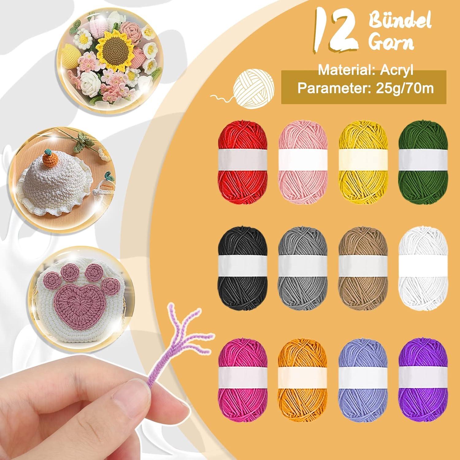 Häkelset mit Garn und Tasche, Anfänger-Set, 34 Nadeln, 12 Wolle