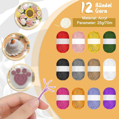 Häkelset mit Garn und Tasche, Anfänger-Set, 34 Nadeln, 12 Wolle