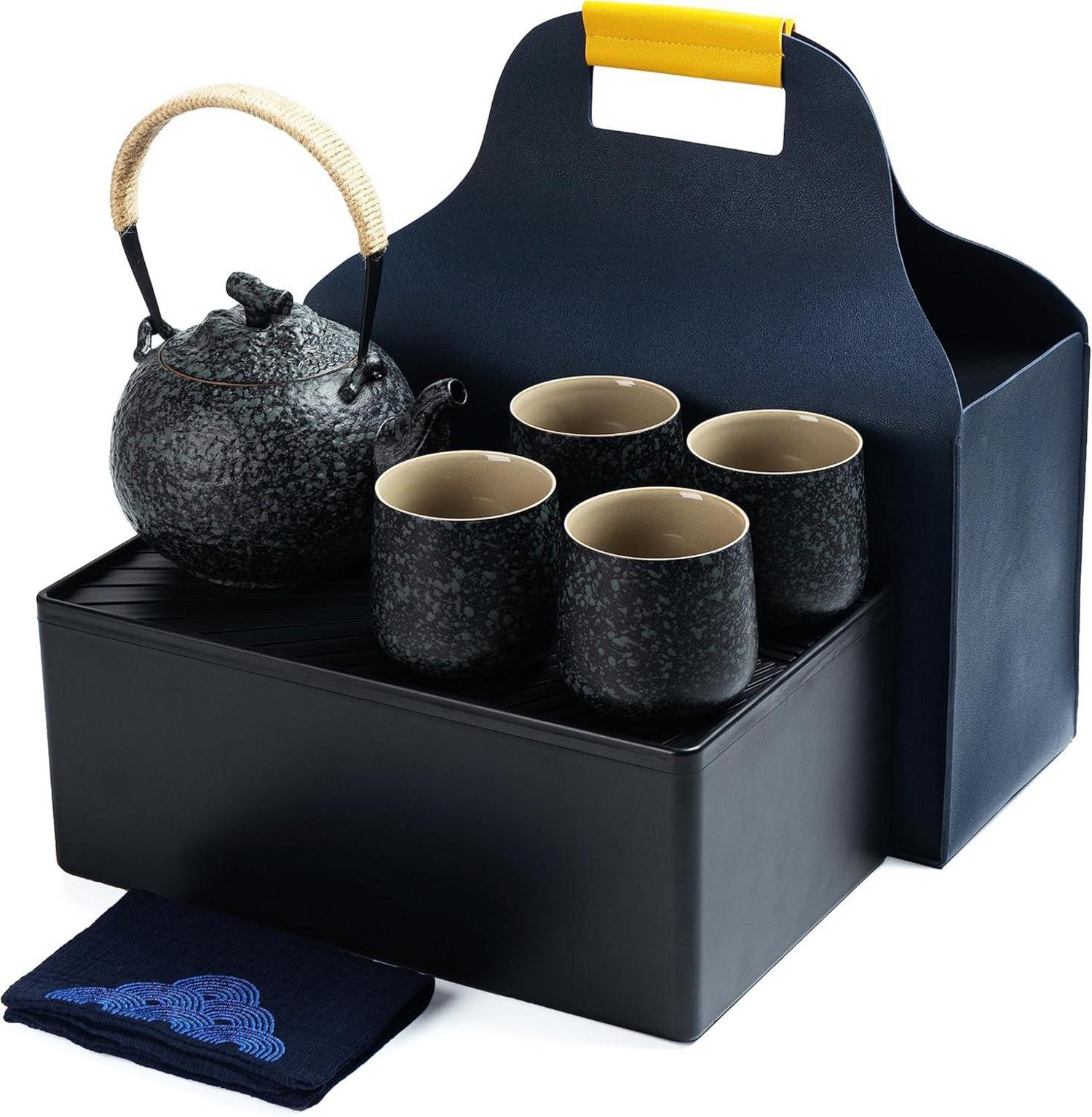 Portable Japanese Tea Set Grey Porcelain Teapot & Tea Cups