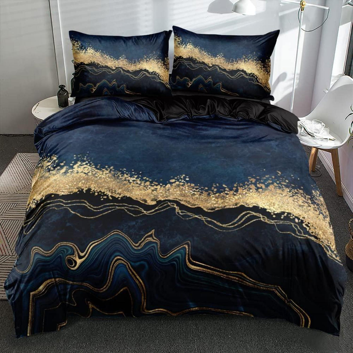 4tlg. Bettwäsche Set Marmor Gold Blau 135x200 cm Mikrofaser