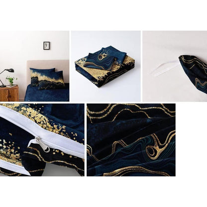 4tlg. Bettwäsche Set Marmor Gold Blau 135x200 cm Mikrofaser
