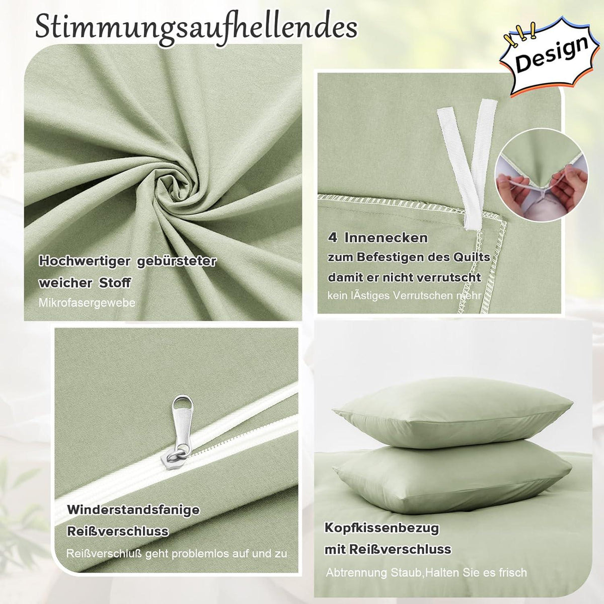 ohano Bettwäsche-Set 135x200 4-teilig Mikrofaser Reißverschluss Salbeigrün