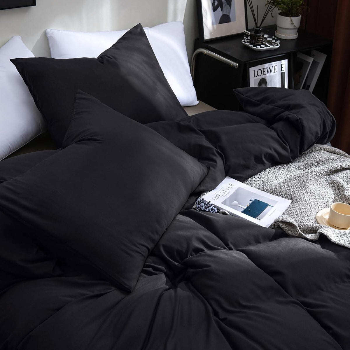Ohano 3tlg Bettwäsche-Set 220x240cm Schwarz Mikrofaser mit
