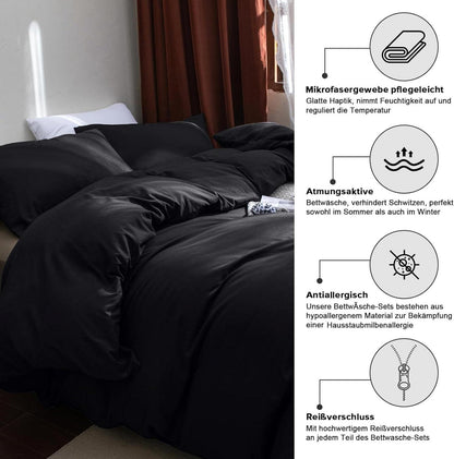 Bettwäsche Sets Mikrofaser 220x240cm Schwarz 3 Teile