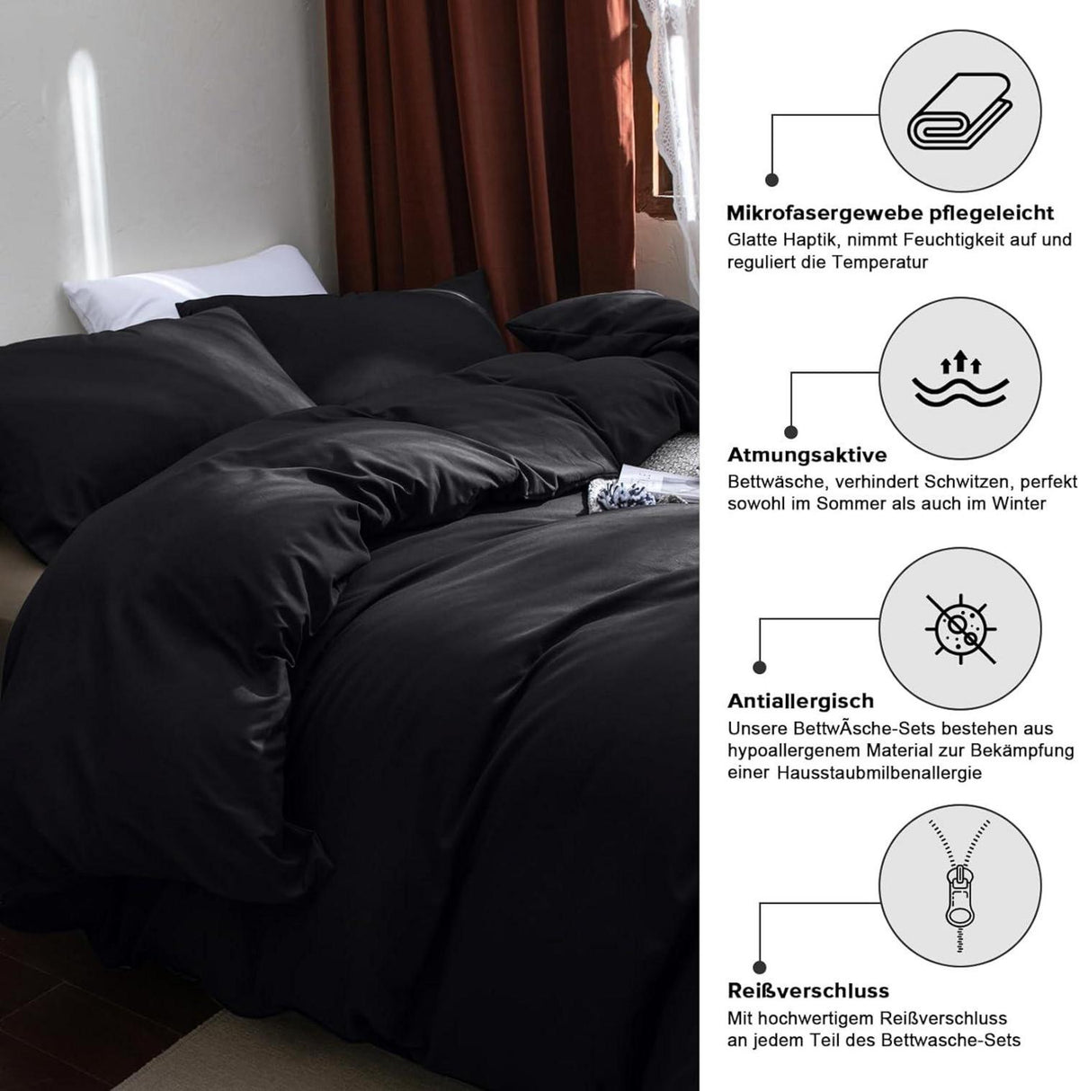 Bettwäsche Sets Mikrofaser 220x240cm Schwarz 3 Teile