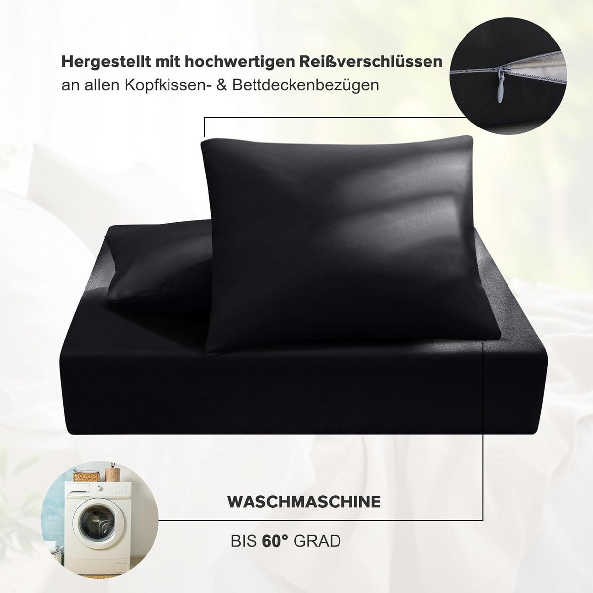 Bettwäsche Mikrofaser 220x240 cm 3-teilig Schwarz mit Reißverschluss