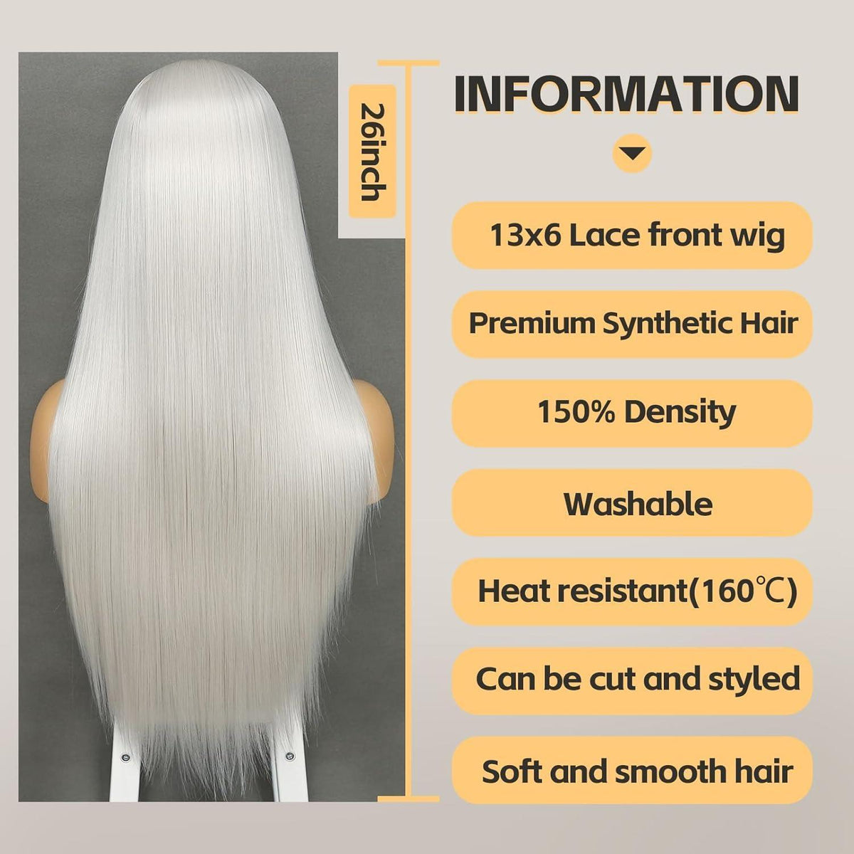 Lange gerade Platinum Grau Perücke mit Lace Front 13x6