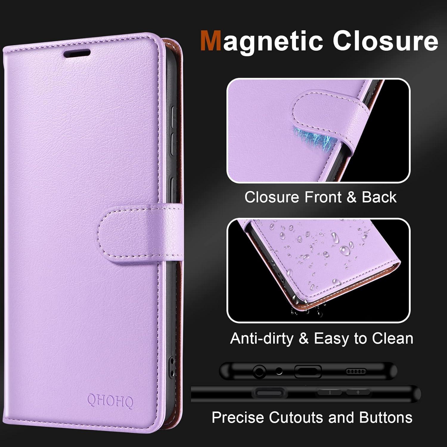 QHOHQ Samsung Galaxy A14 4G/5G Handyhülle - Premium Leder Schutzglas, RFID Schutz, Magnetisch, Stoßfest - Violett