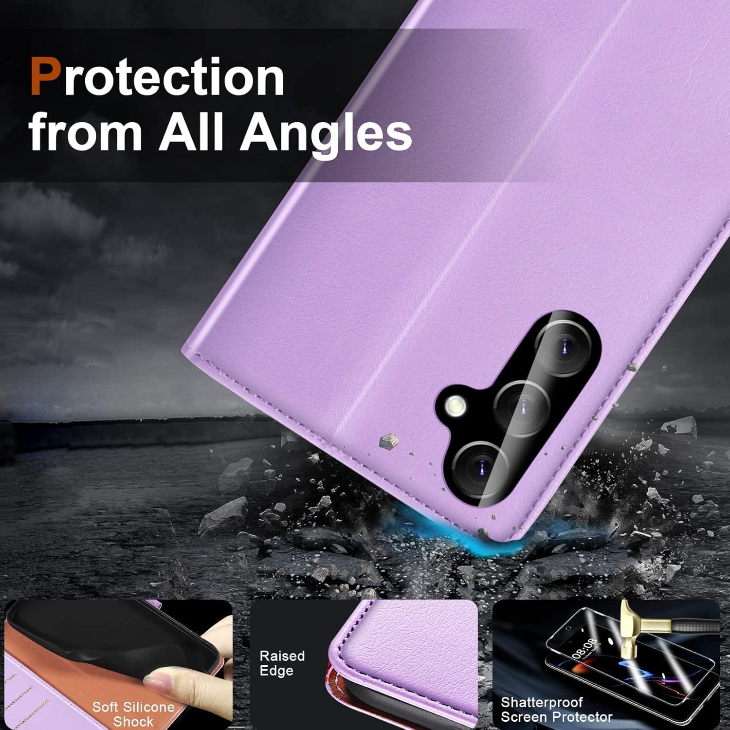 Samsung Galaxy A14 4G/5G Handyhülle mit Panzer Schutz Glas und Leder - Violett